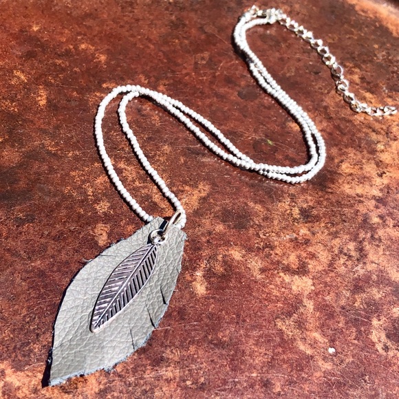 Jewelry - Silver Leaf Leather and Beaded Necklace